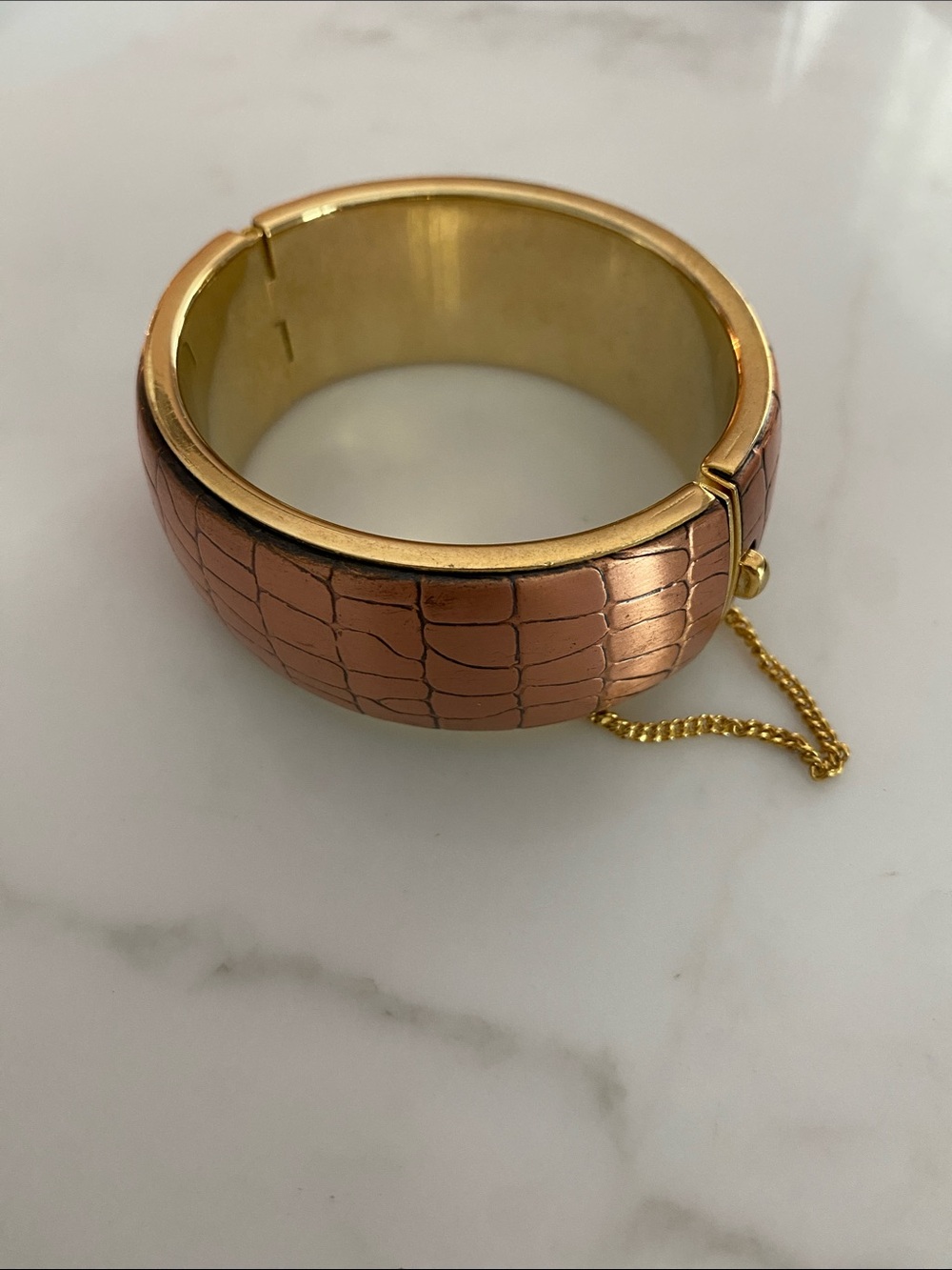 Artisan Rose Gold Croc-Embossed Hinged Bangle Bracelet Hammered Copper